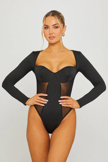 Body bustier noir à manches longues et col carré