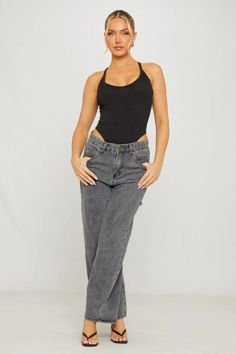 body noir côtelé à décolleté plongeant