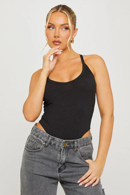 body noir côtelé à décolleté plongeant