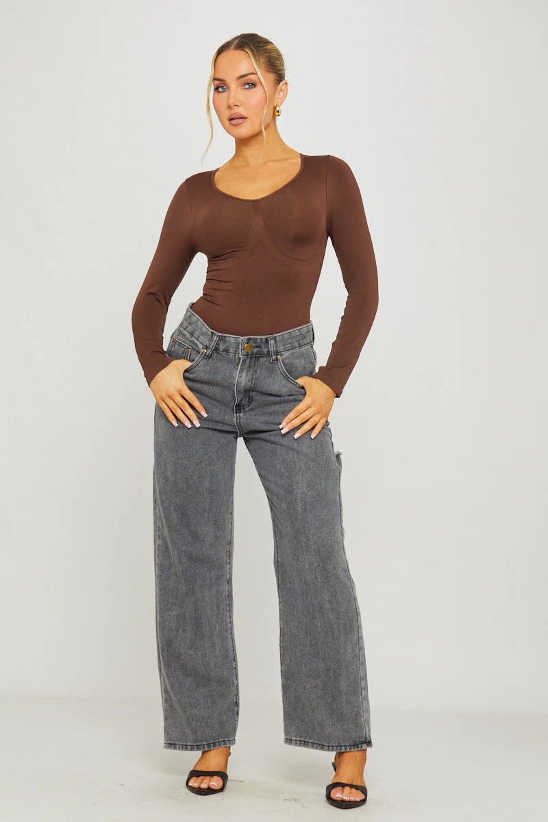 Body noir sans coutures à manches longues