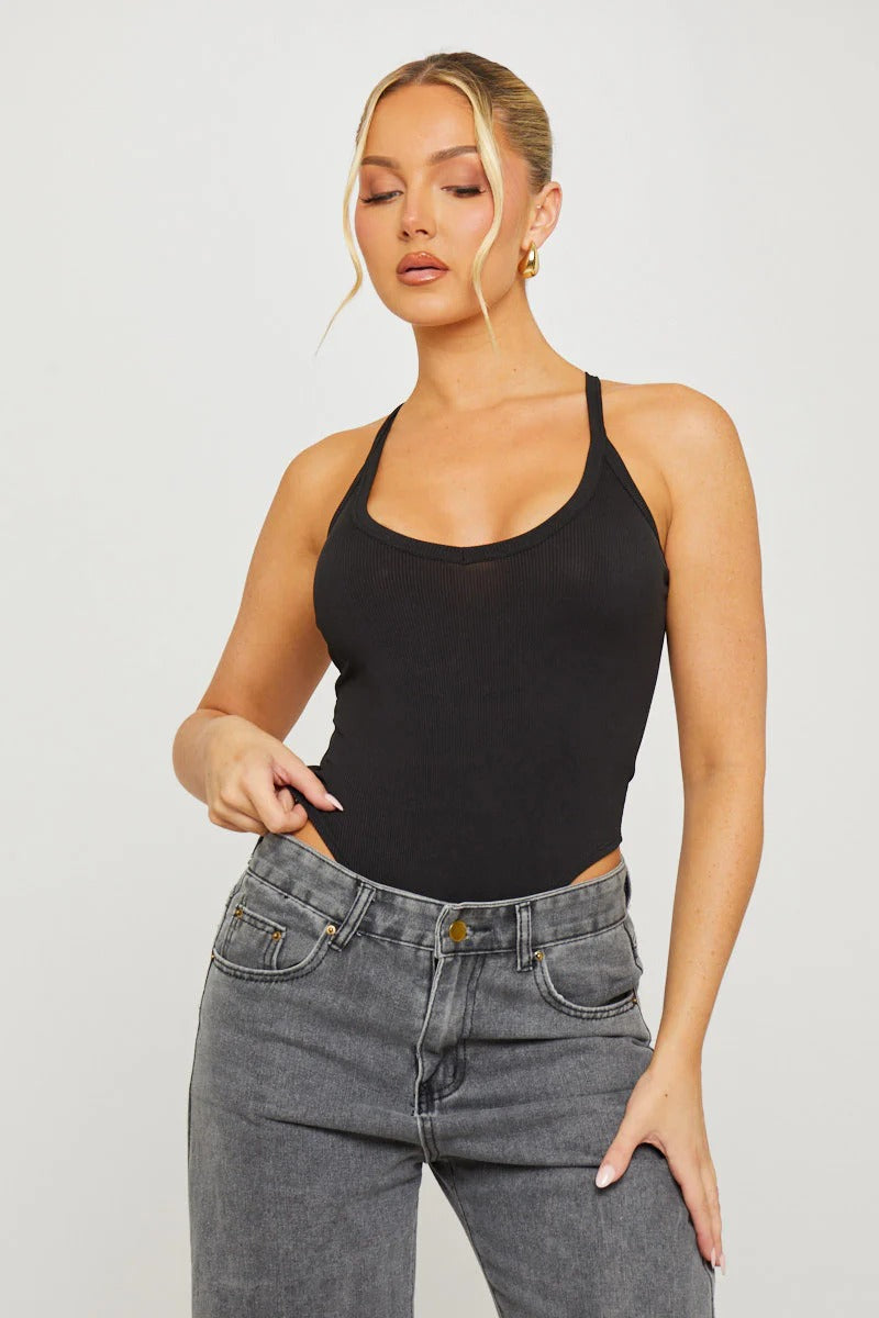 body noir côtelé à décolleté plongeant