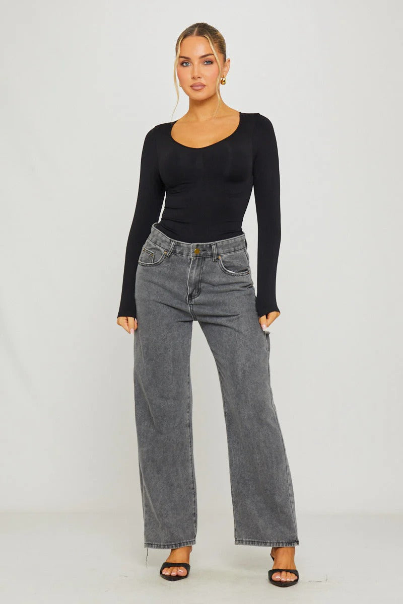 Body noir sans coutures à manches longues